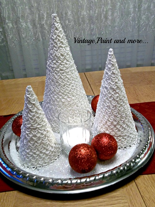 Vintage, Paint and more... Christmas trees made from poster board and lace for a table centerpiece