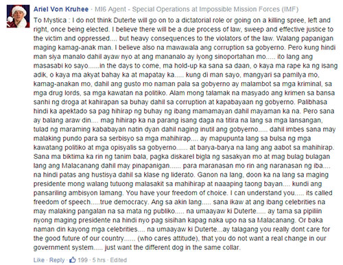 Mystica's reaction to Duterte gained a lot of flak from netizens