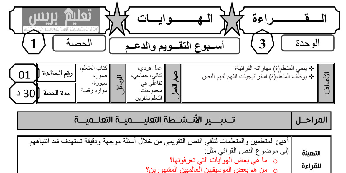 جذاذات أسبوع التقويم والدعم الوحدة الثالثة الجديد في اللغة العربية المستوى الرابع ابتدائي