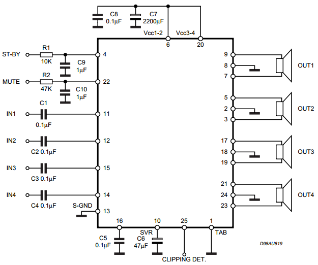 Voltase hobby: 4 x 22W FOUR BRIDGE CHANNELS CAR RADIO AMPLIFIER TDA7382