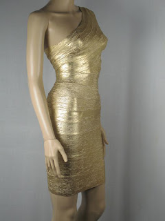 Motte Preorder: Herve Leger Gold One Shoulder Bandage Dress