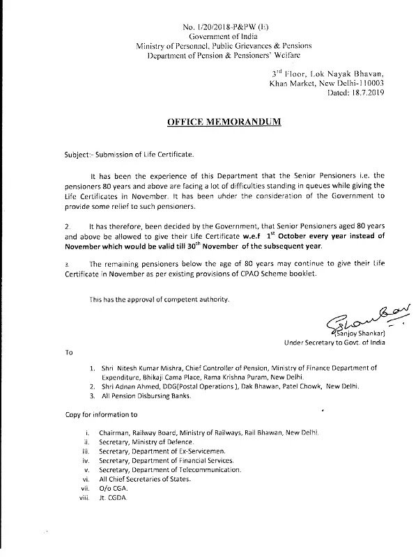 Life Certificate: Senior pensioners aged 80 years and above may submit Life Certificate in w.e.f. 1st October every year. Life Certificate: Senior pensioners aged 80 years and above may submit Life Certificate in w.e.f. 1st October every year.