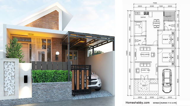Desain dan Denah Rumah Minimalis  Modern dengan Ukuran 7 x 14 M Material Bata Ekspos Tampil 