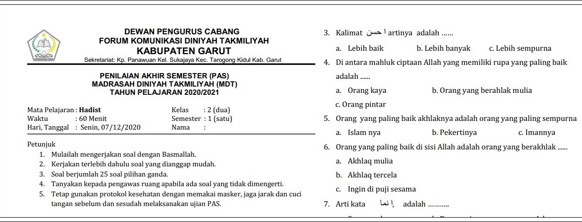 Soal Pas Madrasah Diniyah Takmiliyah Hadist Kelas 1 6