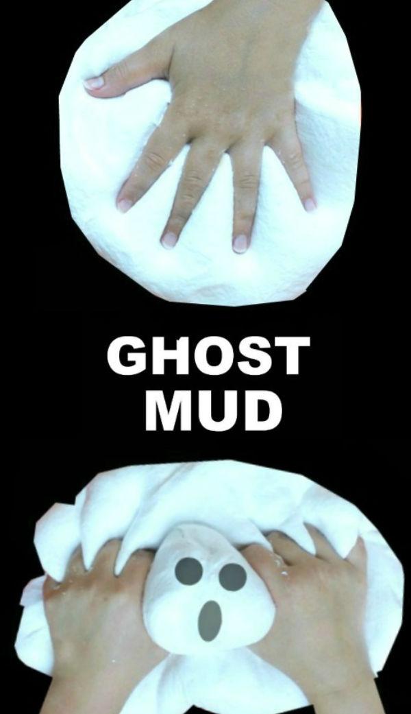 Take a break from traditional play dough and make ghost mud instead!  It's icy-cold, and oh-so-fun! #ghost #ghostmud #ghostmudrecipe #ghostartprojectsforkids #ghostcraftsforkids #ghostrecipes #ghostplaydough #halloweenactivities #halloween #halloweenartsandcraftsforkids #growingajeweledrose #activitiesforkids