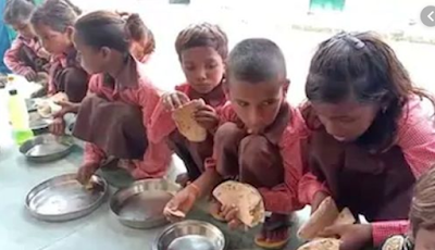 Chappatis and salt served in mid-day meal in Mirzapur UP