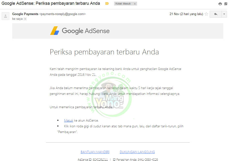 Gajian Dari Google Adsense Bulan November 2016