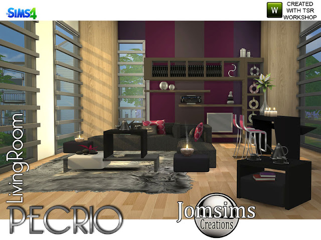 Pecrio Modern living room Pecrio Современная гостиная для The Sims 4 Pecrio современная гостиная. Модерн и комфорт.. для вашего интерьера. Чистые линии, простые и одинаково современные. 2 дивана. 2 кофейных столика. 1 разная поверхность мебели. найти в категории Разное поверхность. 1 systeme dvd audio.find в категории аудио. 1 новая ваза деко металл шесть цветов, найти в категории беспорядки. 1 современный бар и барная стойка с современными линиями. забавные цвета и металлическая текстура. чайный сервиз deco deco найти в категории беспорядок. А ты, поставь этот стол куда хочешь. Автор: jomsims