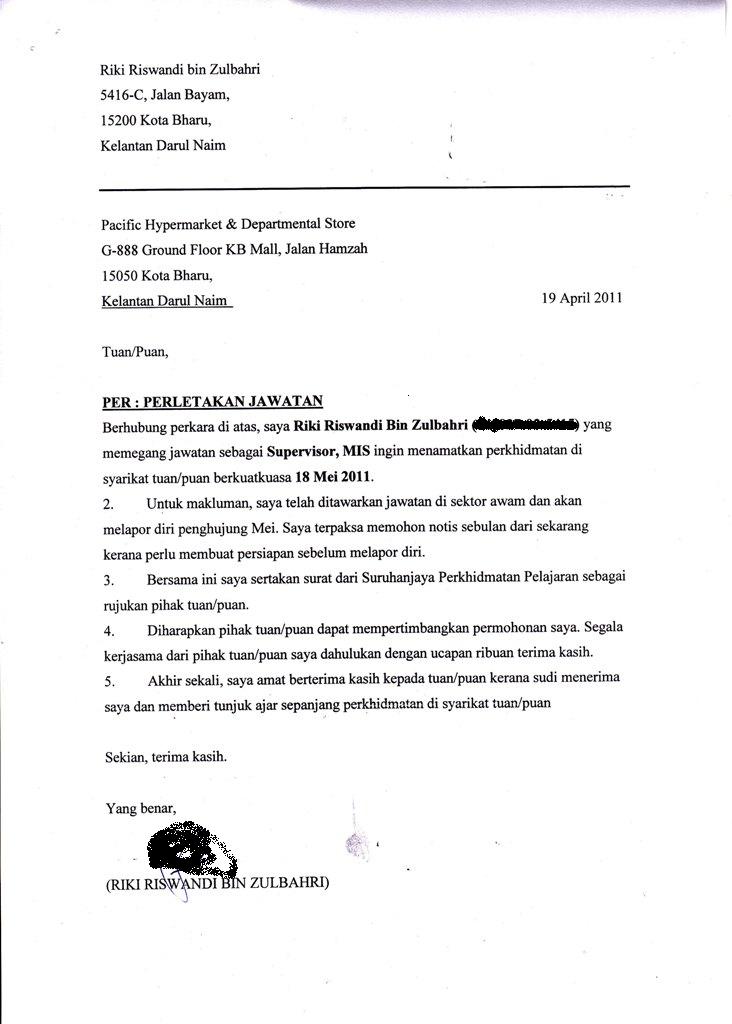 Contoh Surat Rasmi Notis Berhenti Kerja - Contoh 36