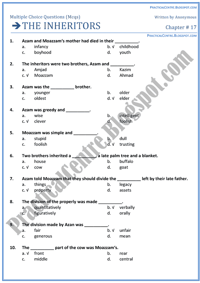 the-inheritors-mcqs-multiple-choice-questions-english-x