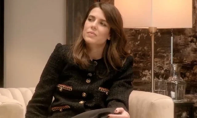 Charlotte Casiraghi wore a black tweed jacket with gold buttons from Chanel. Fanny Arama, Camille Laurens and actress Lyna Khoudri