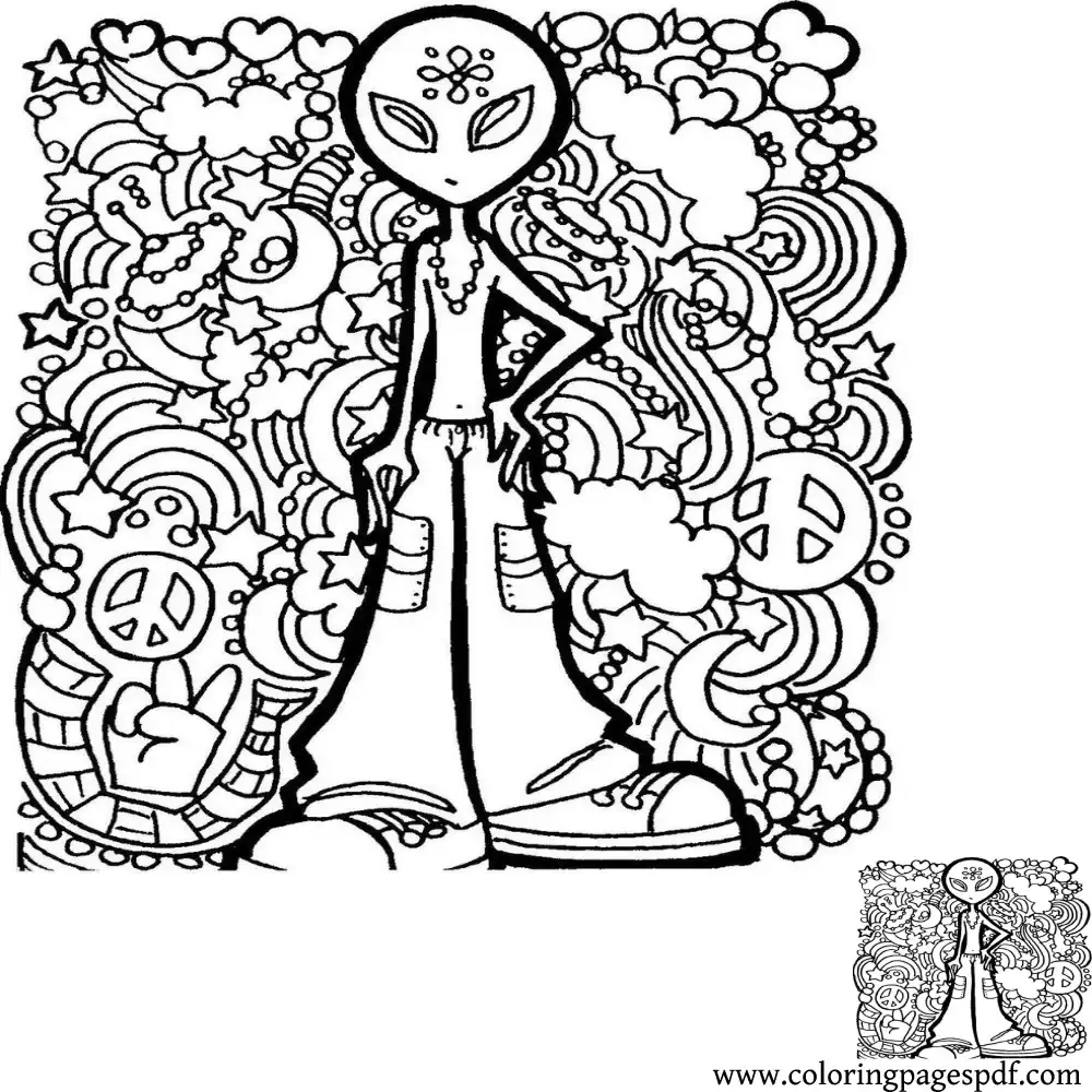 Coloring Page Of An Alien With Peace Symbol
