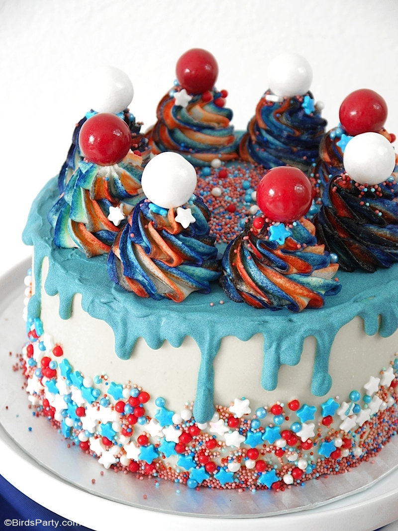 Red, White and Blue 4th of July Layer Cake - a true showstopper layer drip cake with vanilla sponge covered in delicious American buttercream! by BirdsParty.com @birdsparty #cake #layercake #dripcake #4thjuly #layereddesserts #redwhitebluecake #redwhiteblue