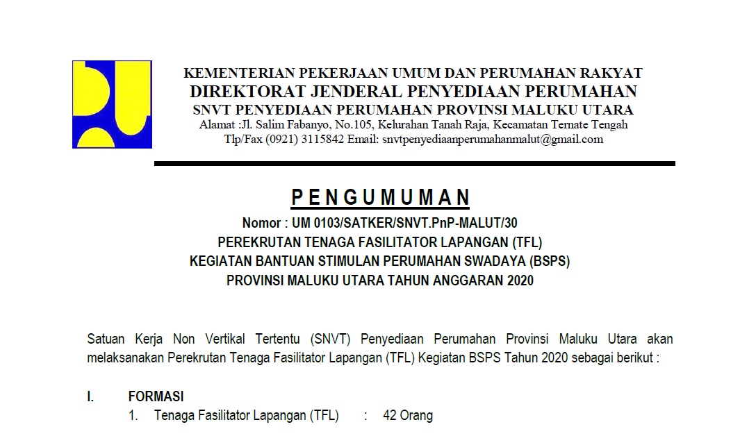 Pengumuman Perekrutan Tenaga Fasilitator Lapangan Tfl Bantuan Stimulan Perumahan Swadaya Bsps Maluku Utara 2020 Ato Menulis
