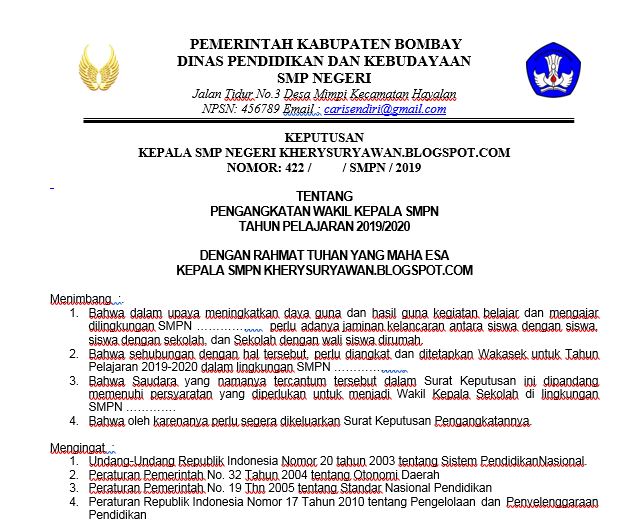 Contoh Sk Bendahara Tk Dari Kepala Sekolah