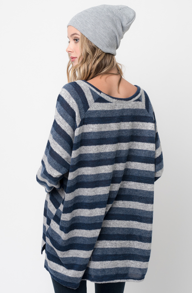 Shop for navy Hi Lo Long Sleeve Dolman Striped Sweater Tunic on Caralase.com