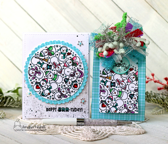 Happy BRRR-thday | Snowman Card and gift tote by Larissa Heskett | Snowman Roundabout Stamp Set, Circle Frames Die Set, Tags Times Two Die Set and Fancy Edges Tag Die Set by Newton's Nook Designs #newtonsnook #handmade