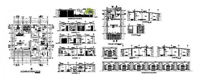 OFFICE ADMINISTRATION BUILDING WORKING PLAN, ELEVATION AND SECTIONAL DETAIL DRAWING IN AUTOCAD