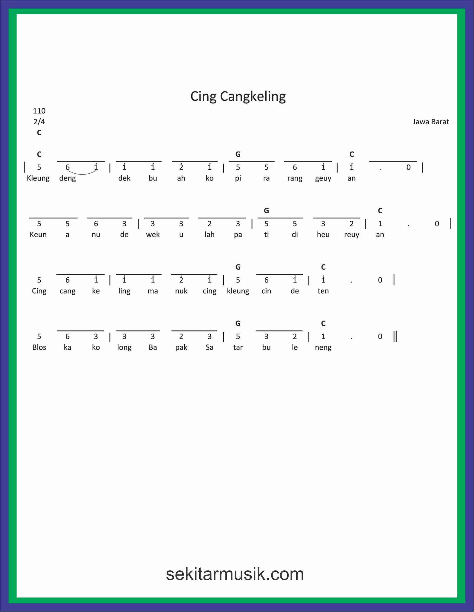 Not Angka Lagu Cing Cangkeling Sekitar Musik