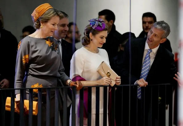 Queen Mathilde wore a grey Natan dress, Hereditary Grand Duchess Stephanie, Princess Stephanie, wore a white print dress by Armani