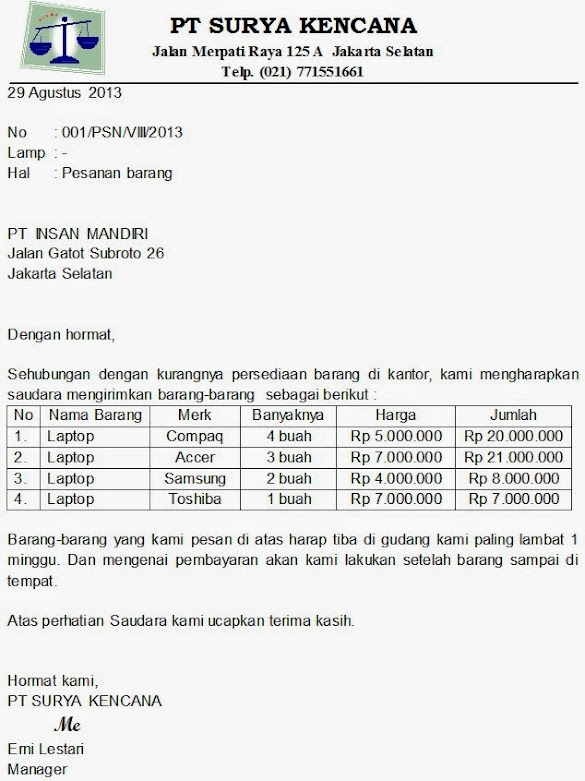 Contoh Surat Pemesanan Barang Bahasa Inggris / Contoh Contoh Surat Pemesanan Barang Bahasa Inggris / Contoh