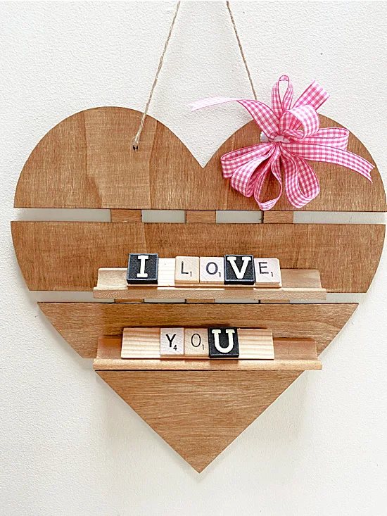 I love you scrabble letters on heart with pink bow