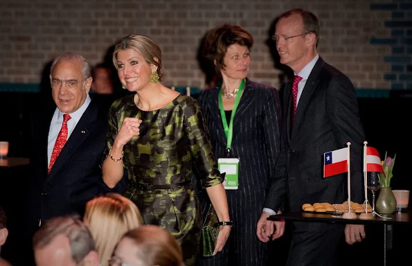 Dutch Queen Maxima attend the opening of the OECD Global Symposium. Queen Maxima wore Natan Dress, Bodes and Bode Earrings