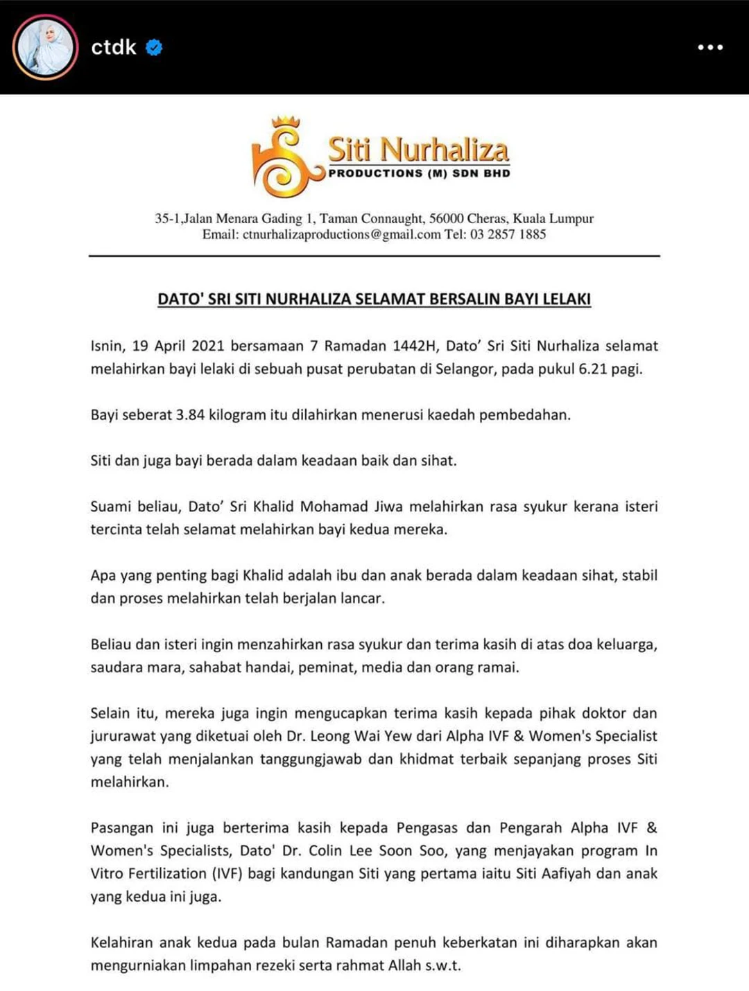 siti nurhaliza bersalin 2021