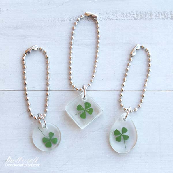 Four leaf clovers set in clear Easy Cast resin and made into easy key chains.