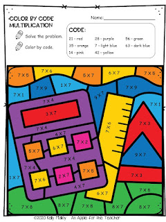 Color by Number Multiplication Facts School Supply Themed calculator and ruler colored in