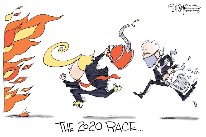 Title:  The 2020 Race.  Image:  Donald Trump and Joe Biden racing towards a fire, Trump with a can of gasoline, Biden with a bucket of water.