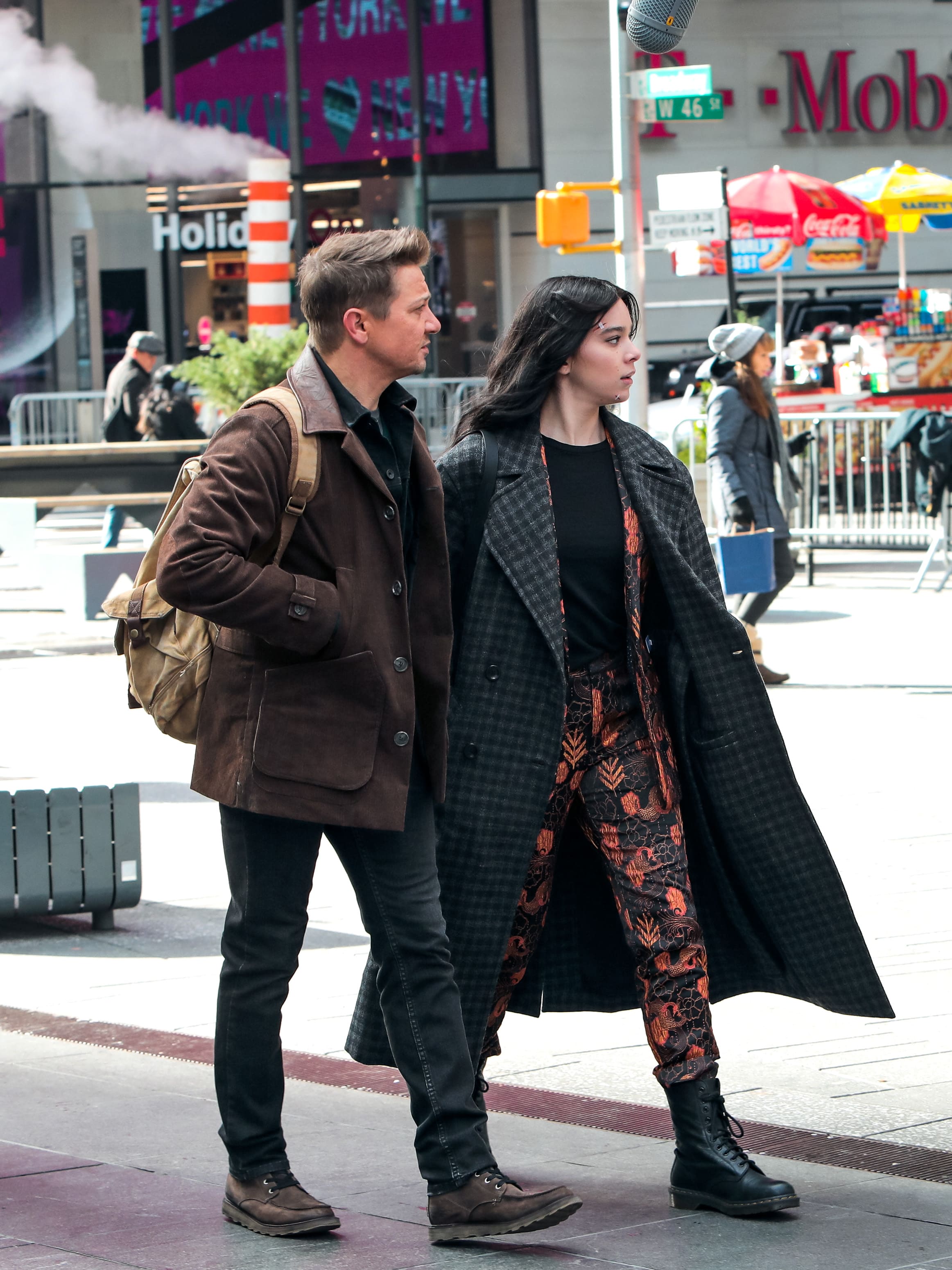 Hailee Steinfeld and Jeremy Renner filming Hawkeye in Times Square with Mar...