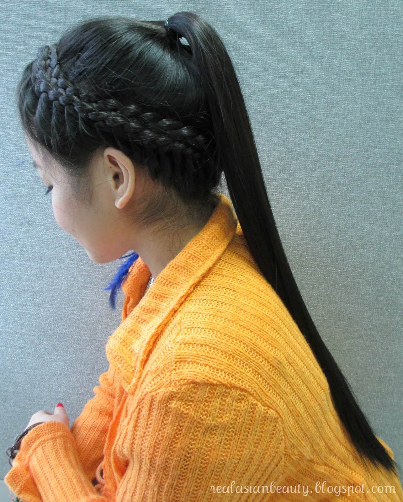 Real Asian Beauty Crown Braid with Ponytayil Hair Tutorial