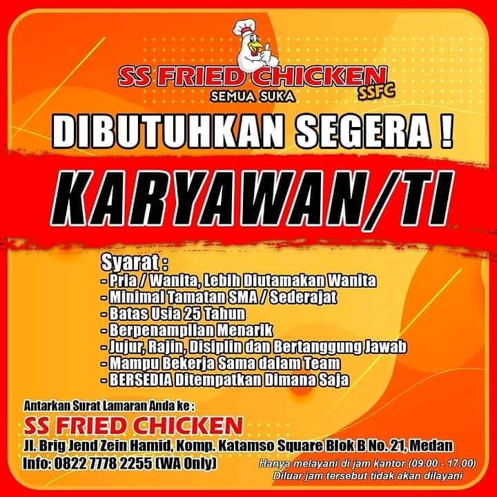 Lowongan Kerja Medan Juni 2021 Min. SMA Sederajat Di SS Fried Chicken