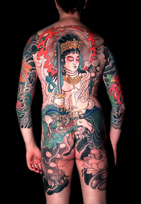 Monju Bosatsu with foo dog Japanese back piece tattoo by Diego Azaldegui