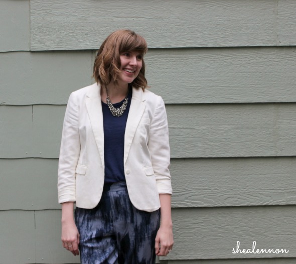 Date night look: blazer, statement necklace, joggers | www.shealennon.com