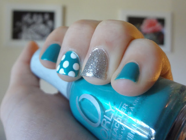 Turquoise, silver glitter, polka dots, nail polish