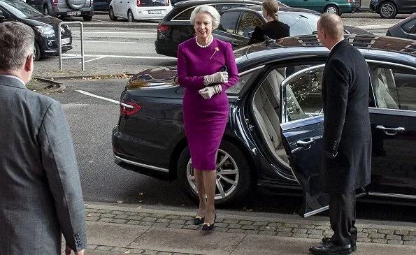 Danish Order of Freemasons. Princess Benedikte of Denmark wore a burgundy midi dressi and gold vintage crown trifari bough rhinestone brooch