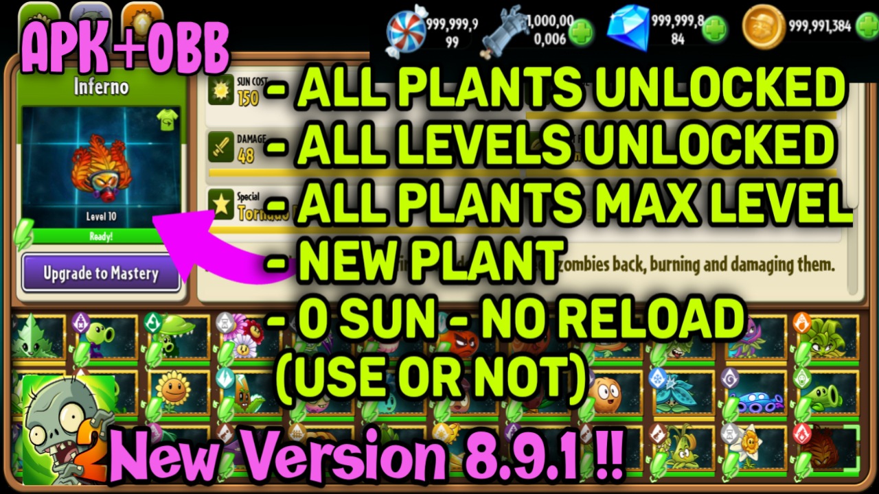 Plants vs Zombies 2 Mod Apk 11.0.1 All Plants Unlocked Max Level