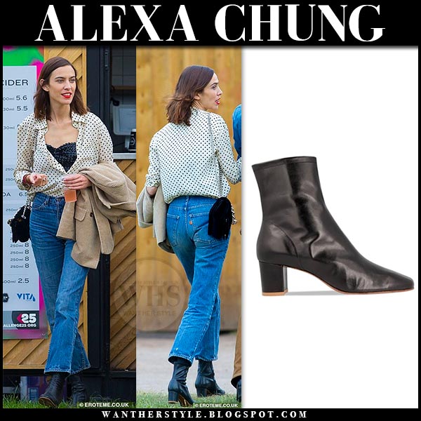 Alexa Chung in polka dot shirt, jeans and black ankle boots at All ...