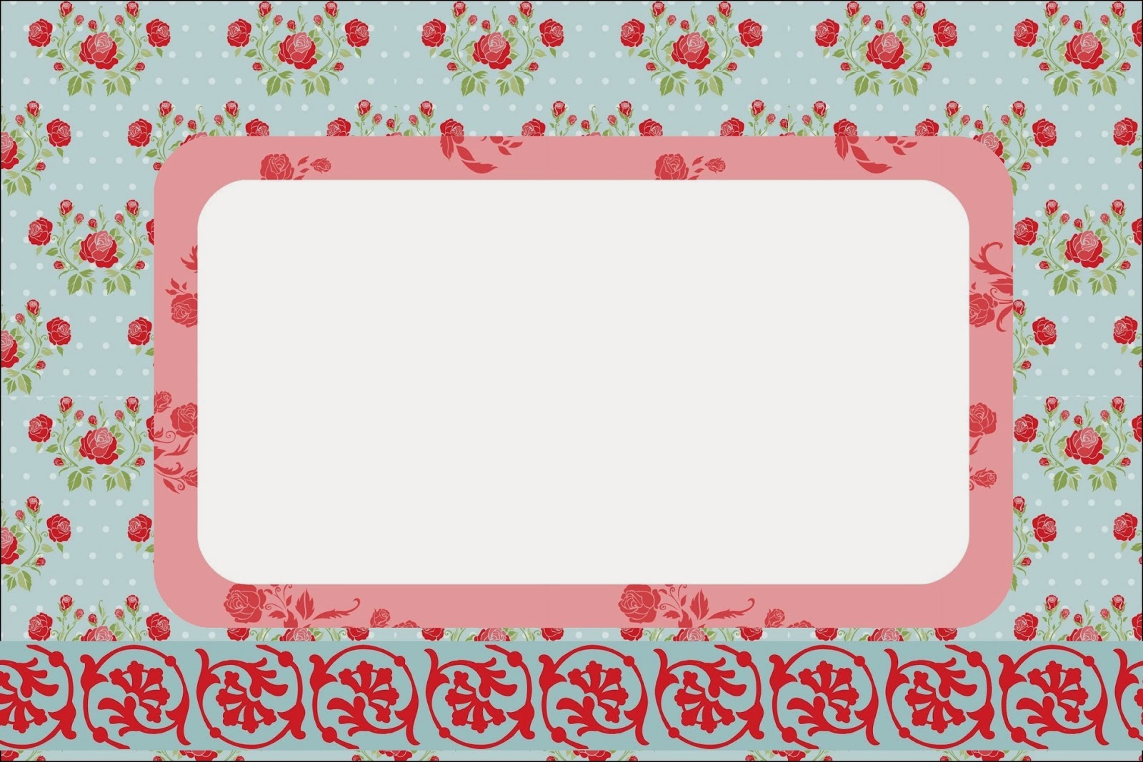 Para hacer invitaciones, tarjetas, marcos de fotos o etiquetas, para imprimir gratis de Shabby Chic de Rosas Rojas en Fondo Celeste.