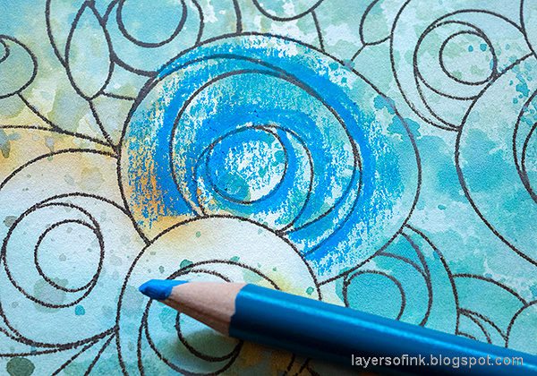 Layers of ink - Stamped Blue Flowers with ink and colored pencils tutorial by Anna-Karin Evaldsson. Color flowers with Prismacolor pencils.