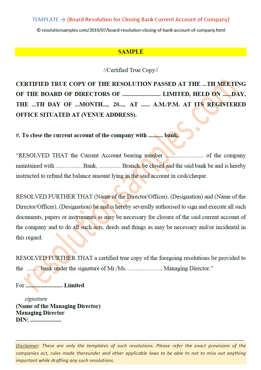 Board Resolution for Closing Bank Current Account of Company