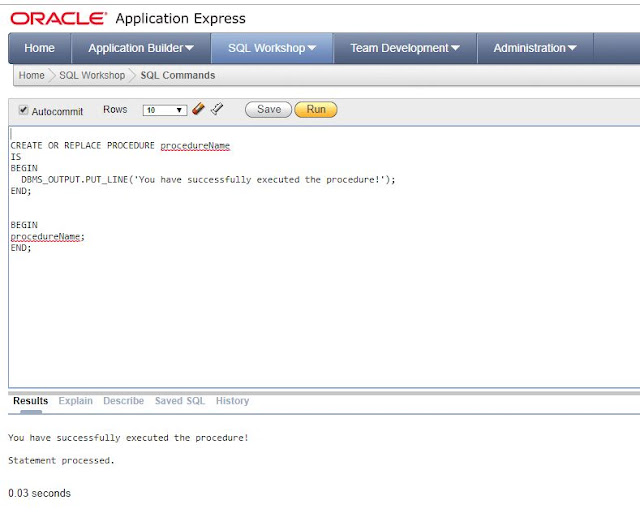 create and execute procedure in oracle application express edition