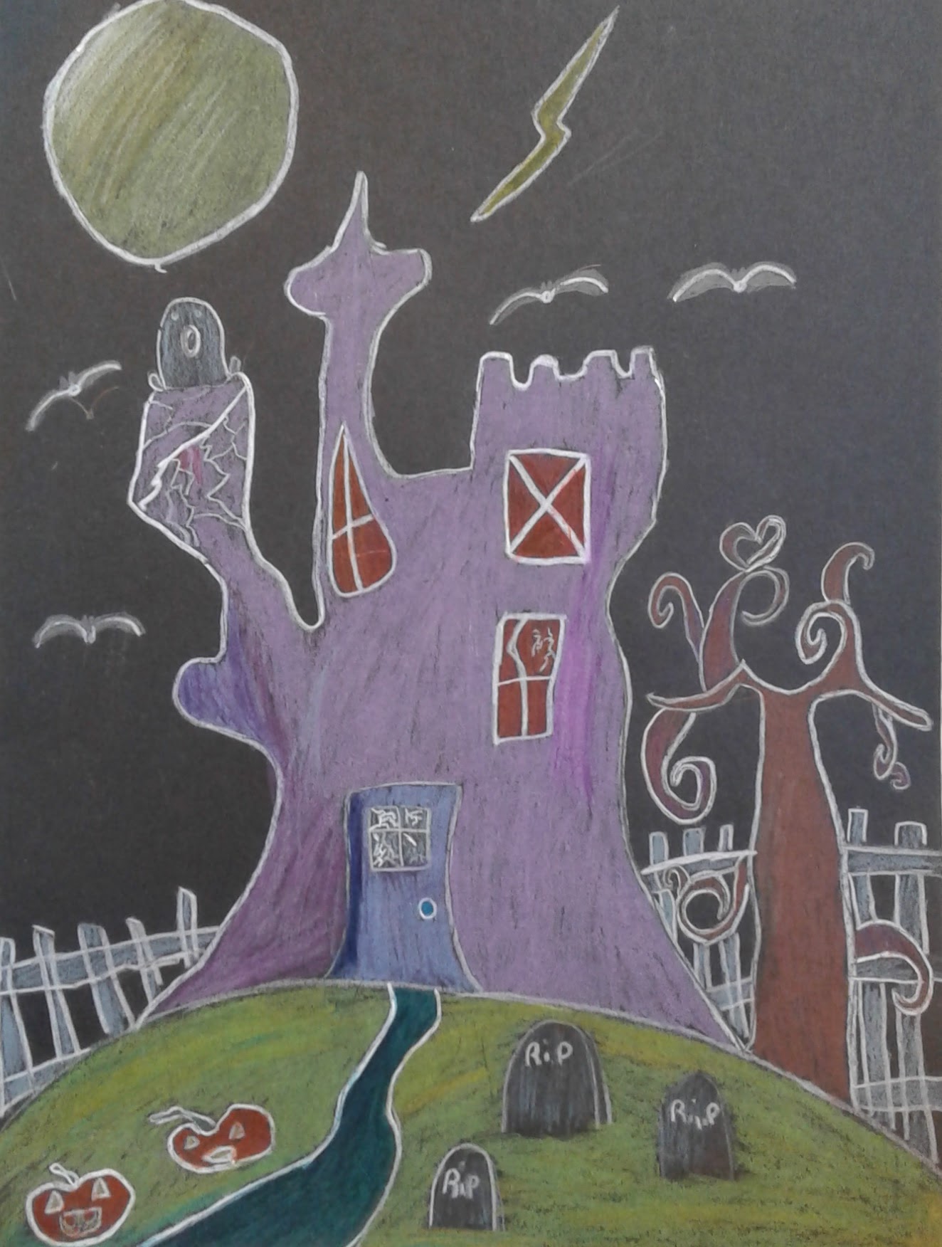 Haunted house design, White pen on black paper, louisaclare10