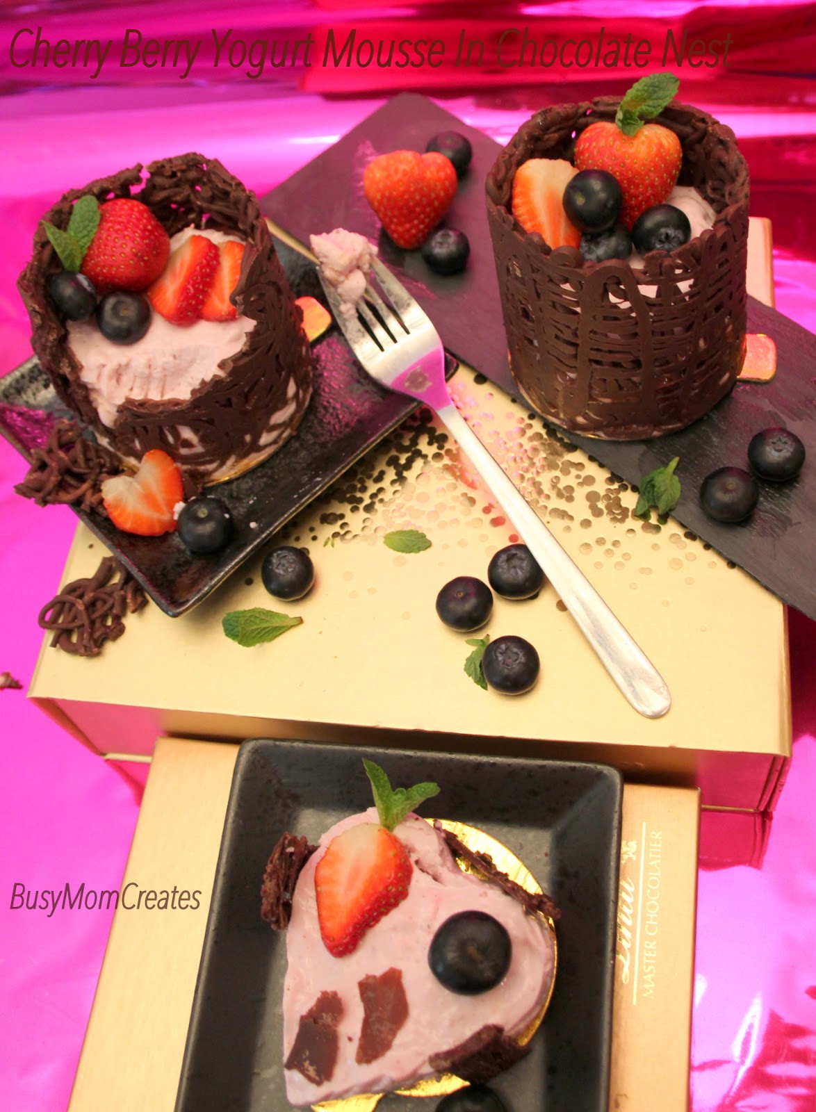 Cherry Berry Yogurt Mousse in Chocolate Nest