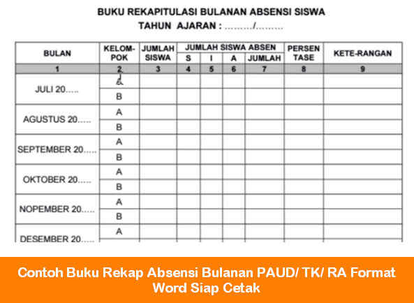 Contoh Format Absensi Guru Tk | contoh buku rekap absensi bulanan paud tk ra format word Contoh Format Absensi Guru Tk | contoh buku rekap absensi bulanan paud tk ra format word