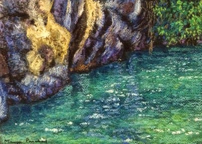 Soft Pastel painting of blue green waters next to rocks by Manju Panchal