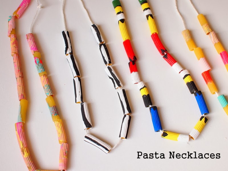 painting pasta necklaces with kids