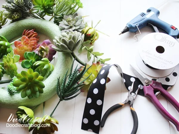 Let's get started! Supplies Needed for Faux Succulent Wreath Arrangement: Faux Succulents (I bought this one, this one, and this one) 10" Green Styrofoam Wreath Form Hot Glue/Gun Black and White Polka Dotted Ribbon Wire cutters/Scissors